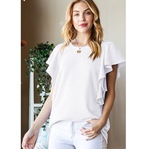 White Corded Ribbed Ruffle Sleeve Top